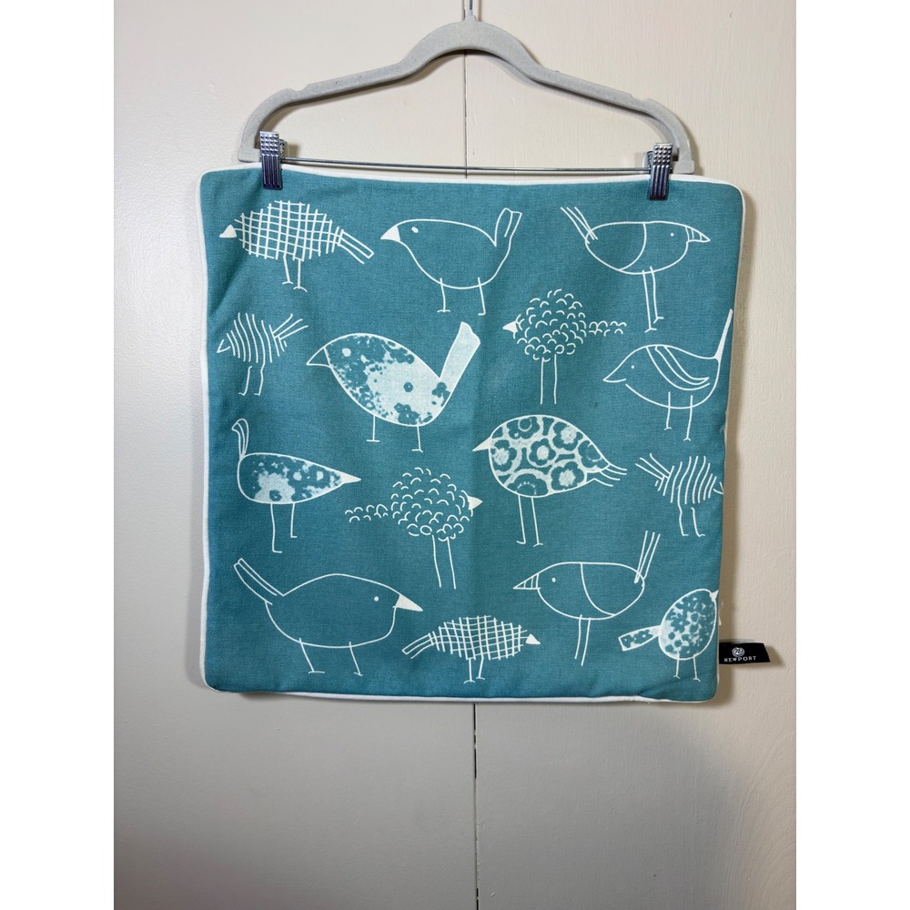 Newport Teal Blue Bird Print Throw Pillow Cover 20x20 Whimsical Coastal Decor